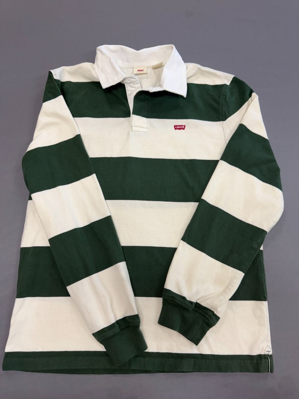 Levi's Rugby Shirt Men's SM Green White Stripe Relaxed Fit Long Sleeve Polo
